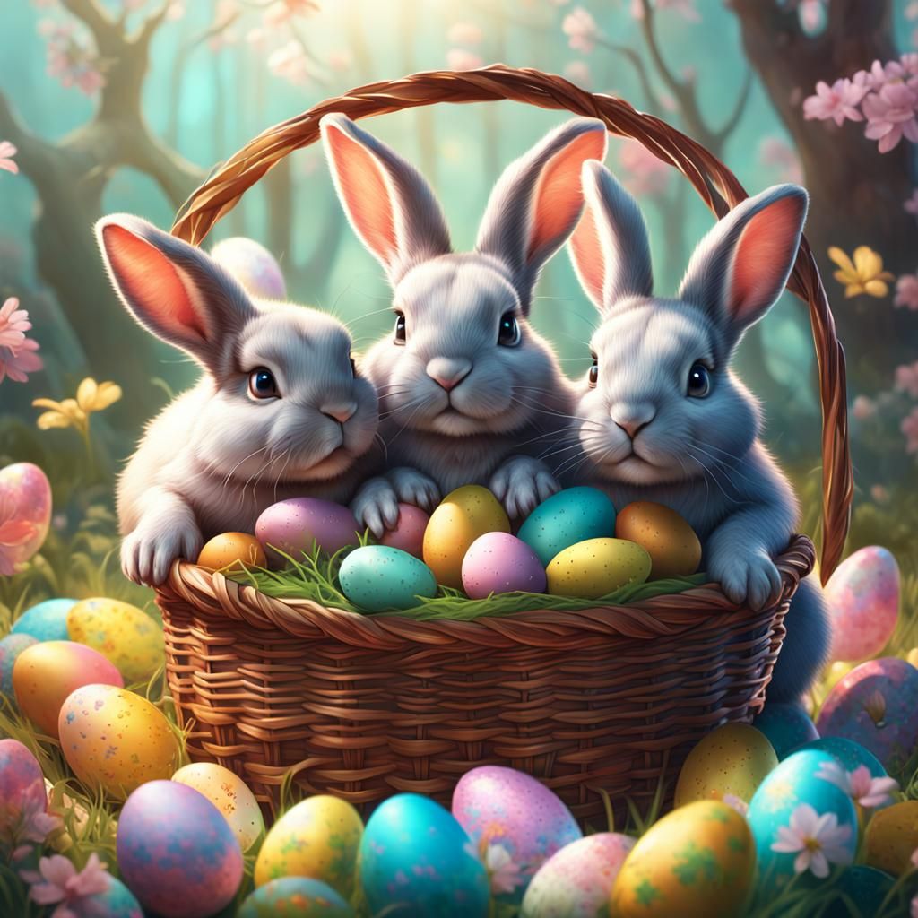 Baby Bunnies Celebrate Easter: Hyperdetailed Digital Portrai...