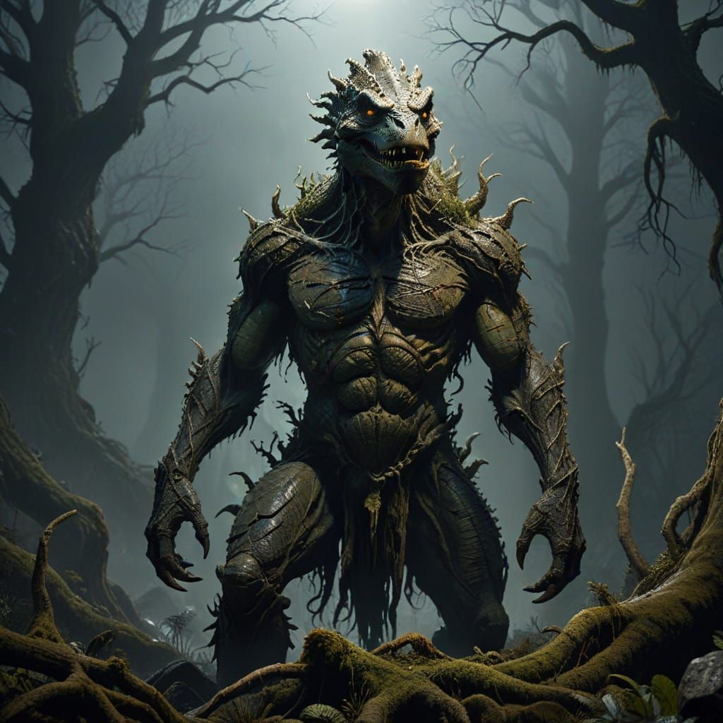 Dark Fantasy Werecrocodile in Primal, Ancient, Cursed Glory