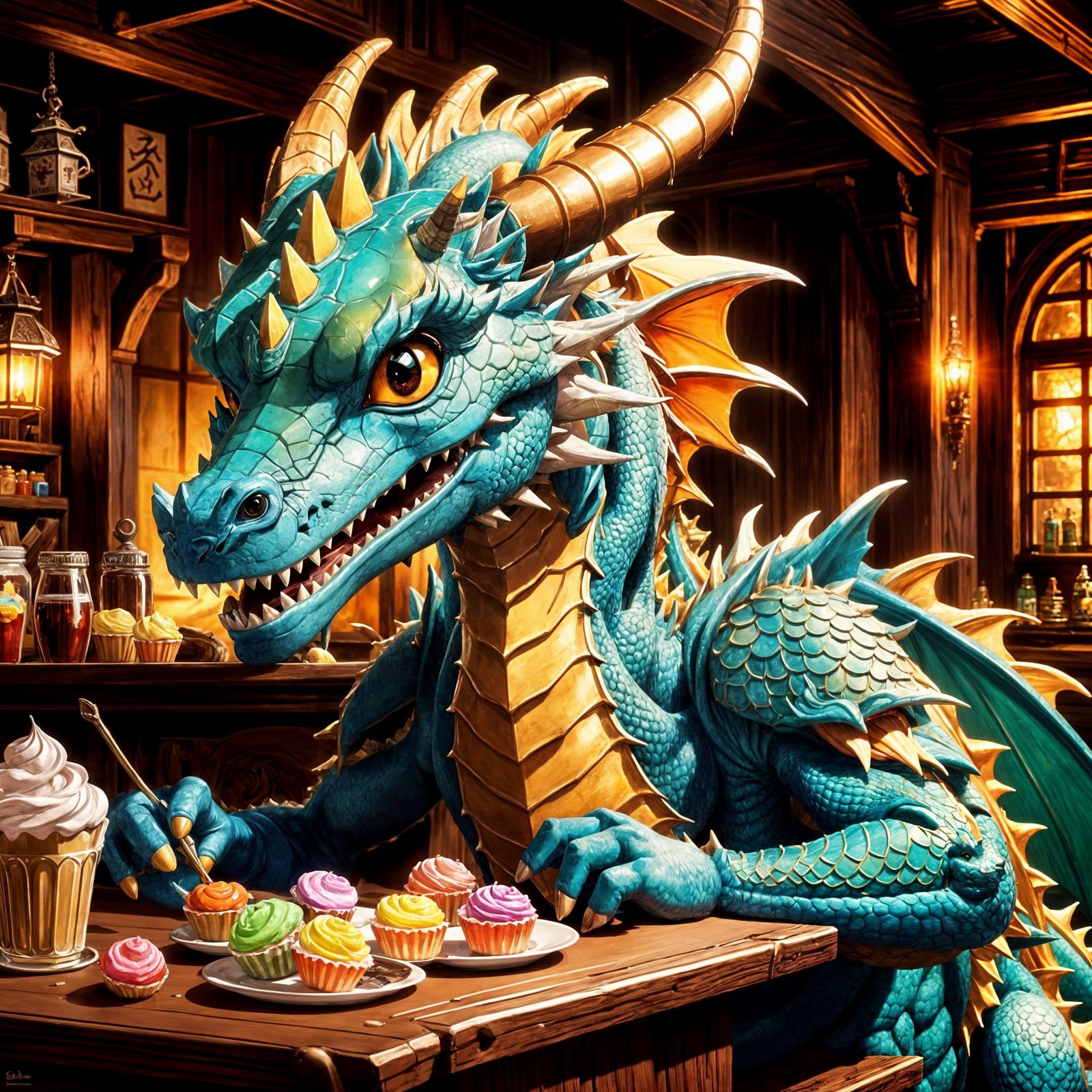 Cute Dragon in Tavern: Cel-Shaded Anime Art