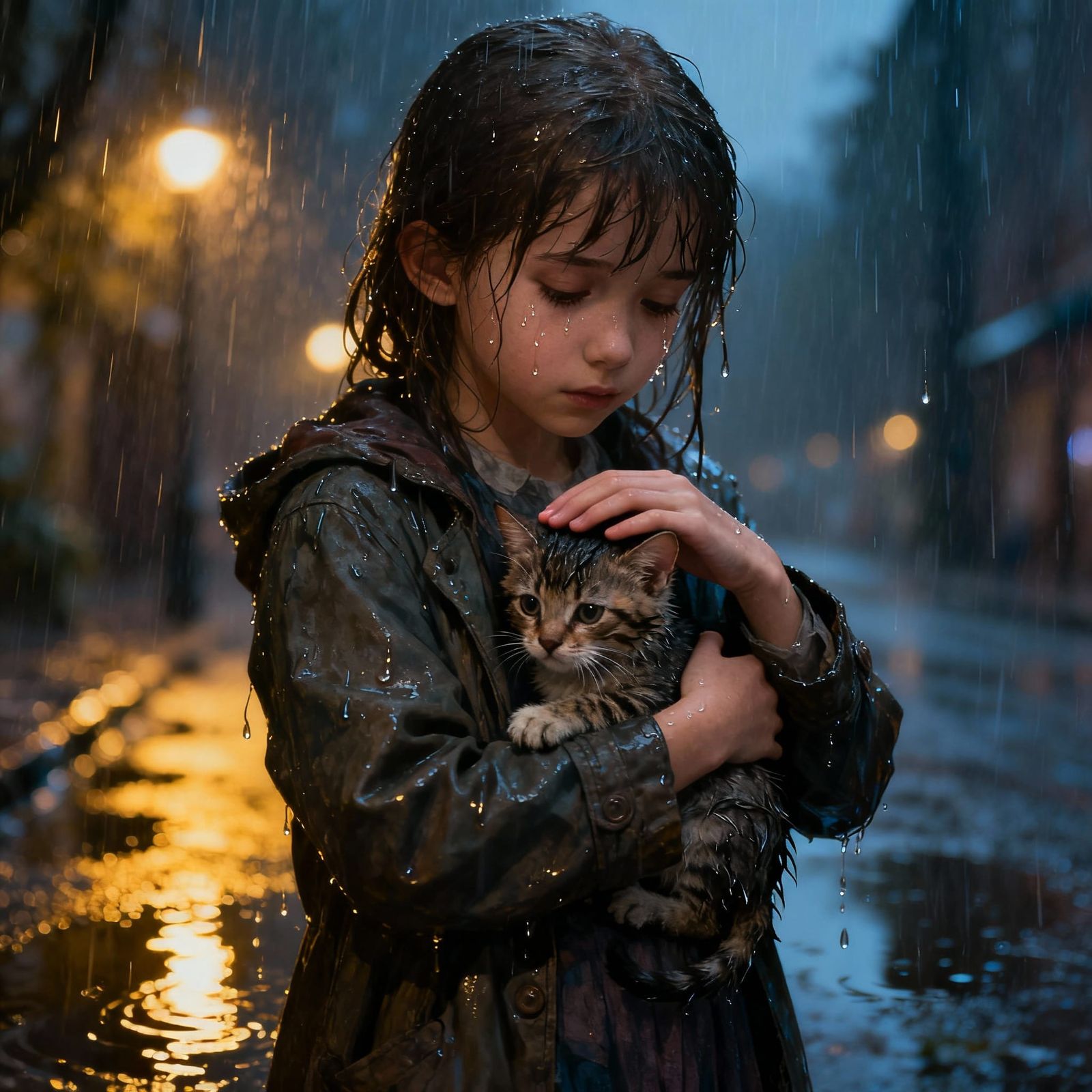 Girl Protects Kitten in Rainy Street Scene