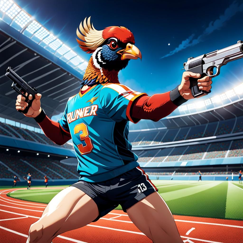 Cartoon Pheasant Athlete with Pistol in Anime Style