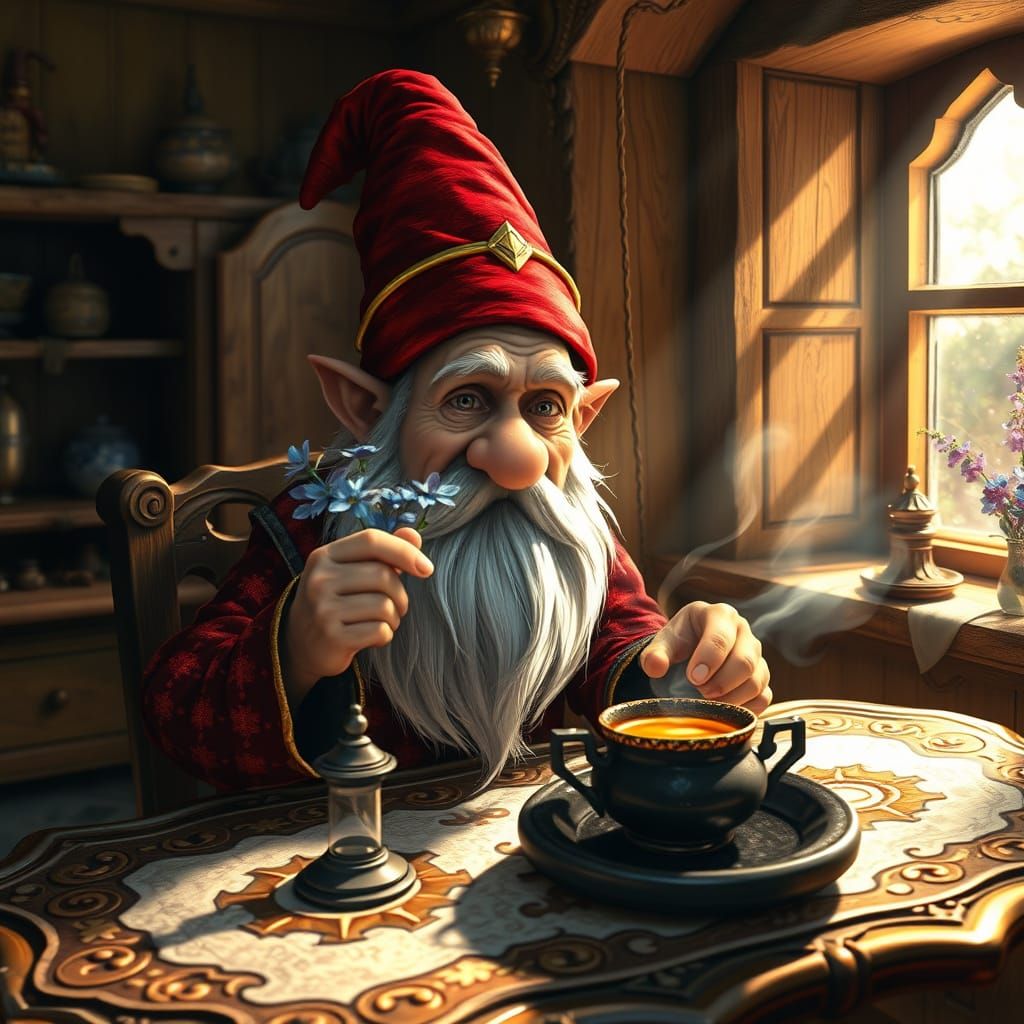 Surreal Gnome in Cozy, Rustic Kitchen Setting