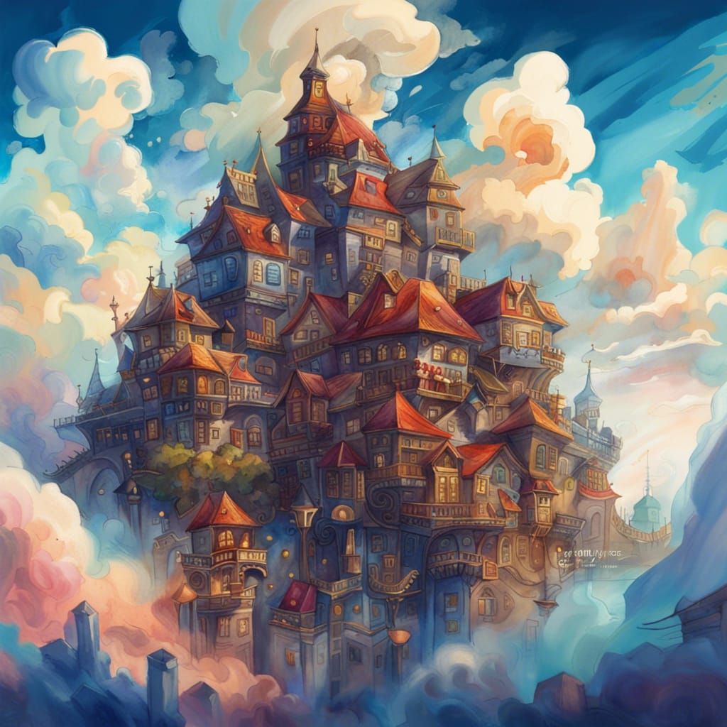 City in the Clouds: Gouache and Watercolor Painting