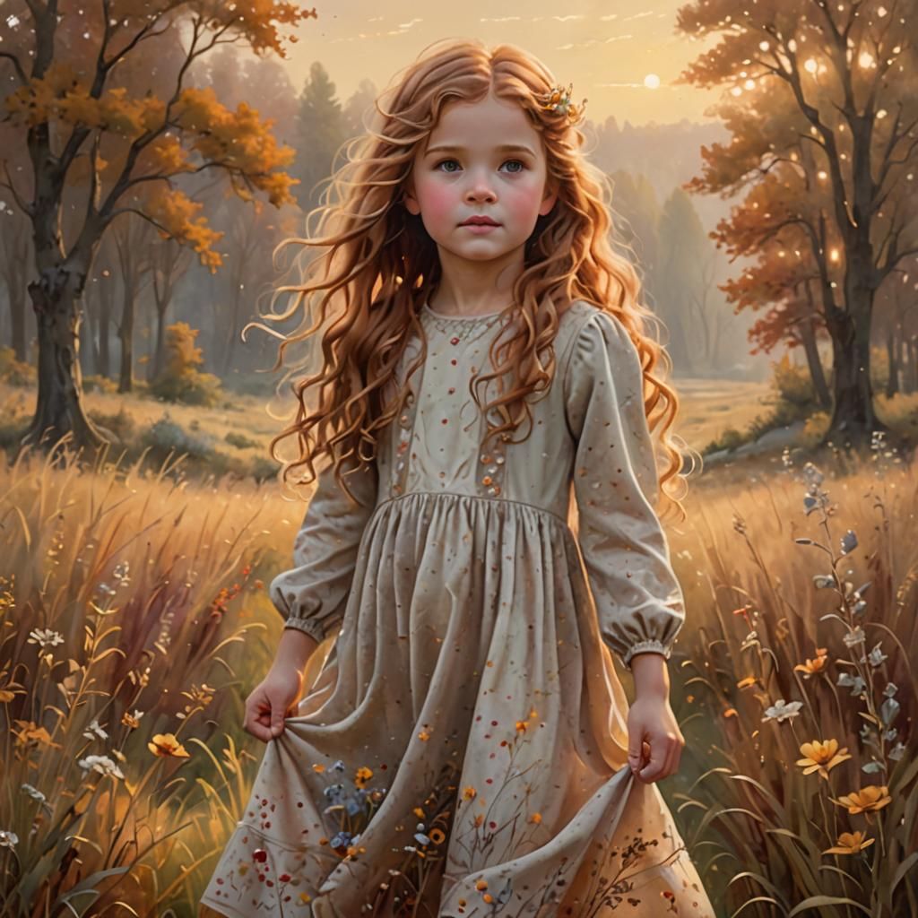 Whimsical Autumn Girl in a Serene Prairie Landscape