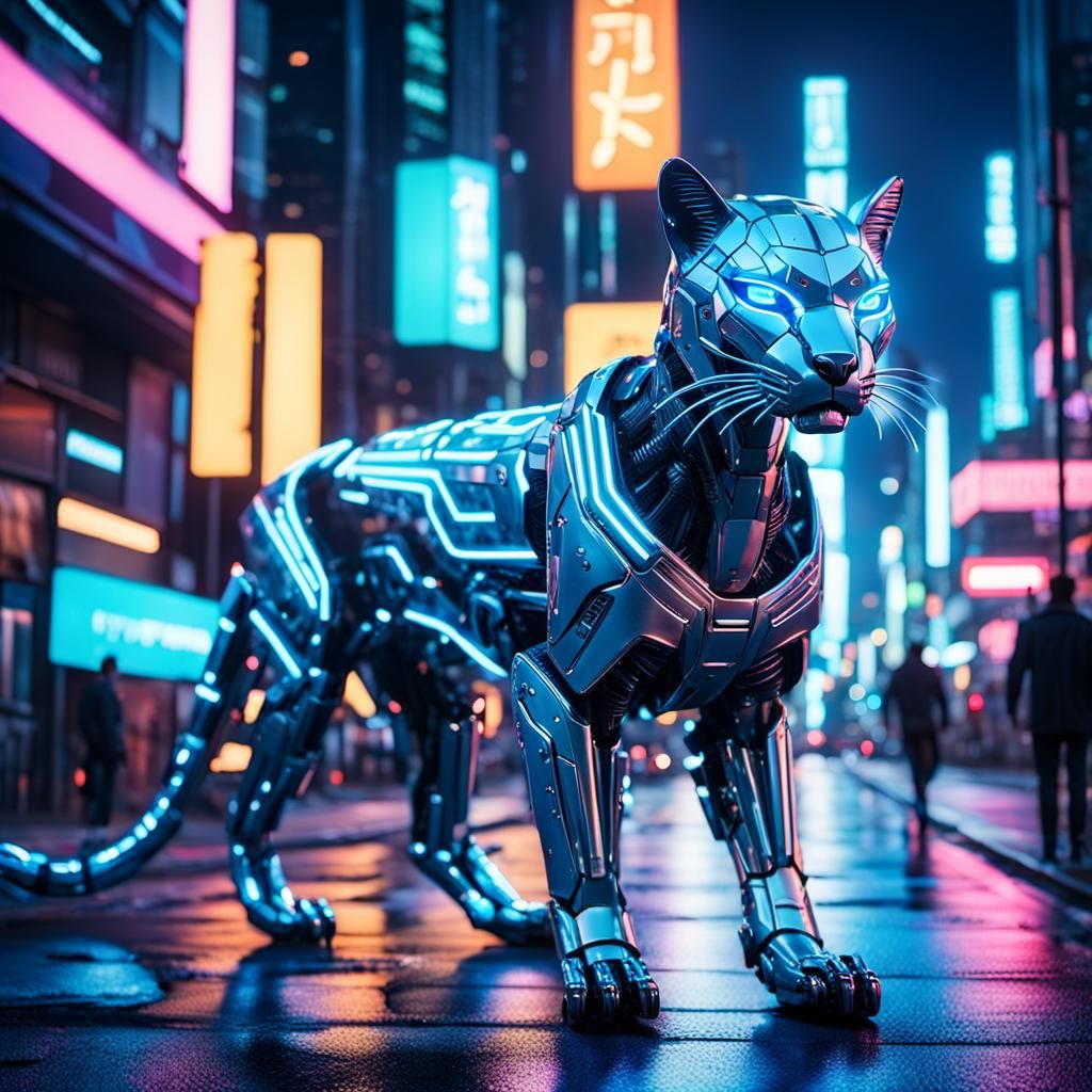 Cybernetic Puma Running in Neon City Street