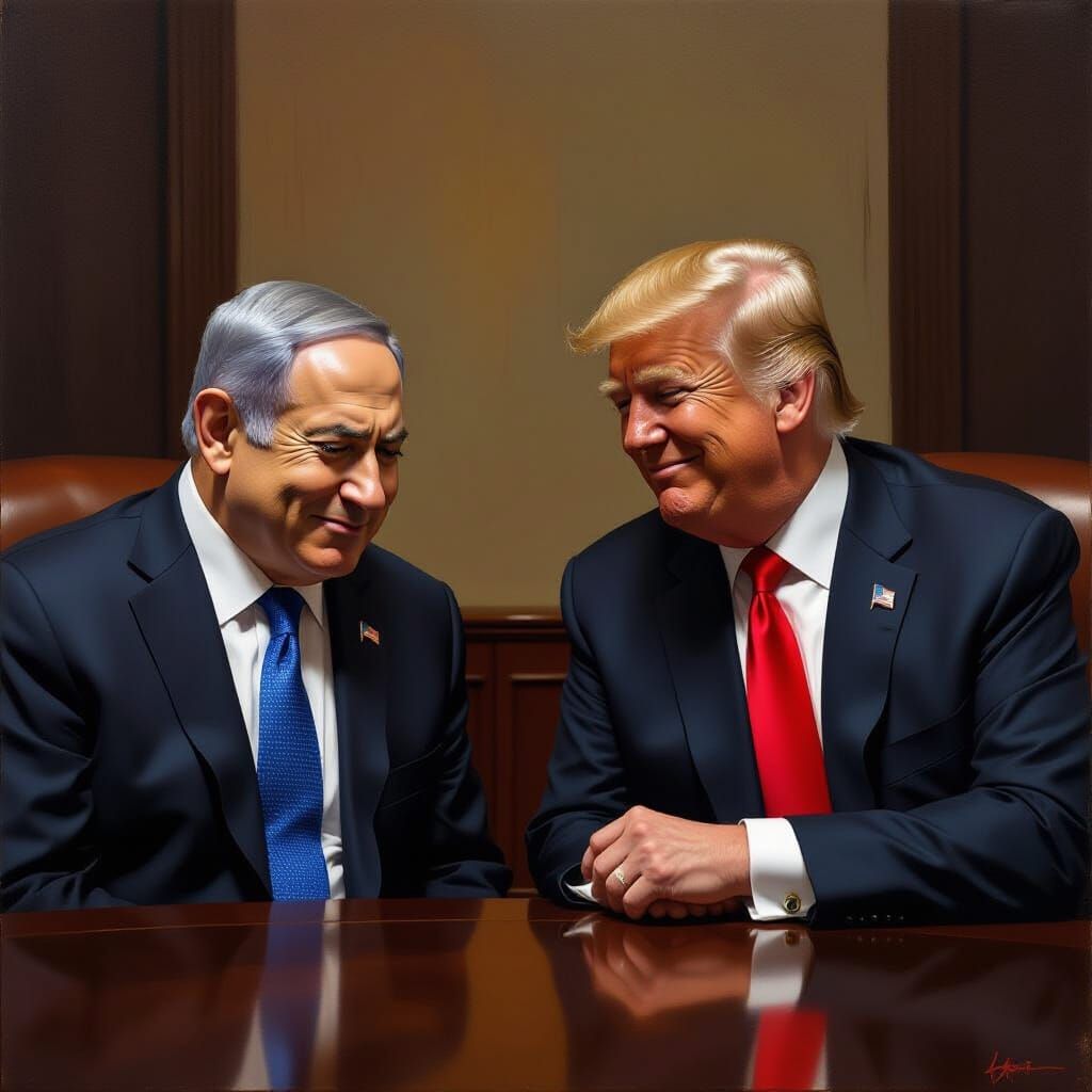 Netanyahu Cries, Trump Smirks in Dramatic Oil Painting