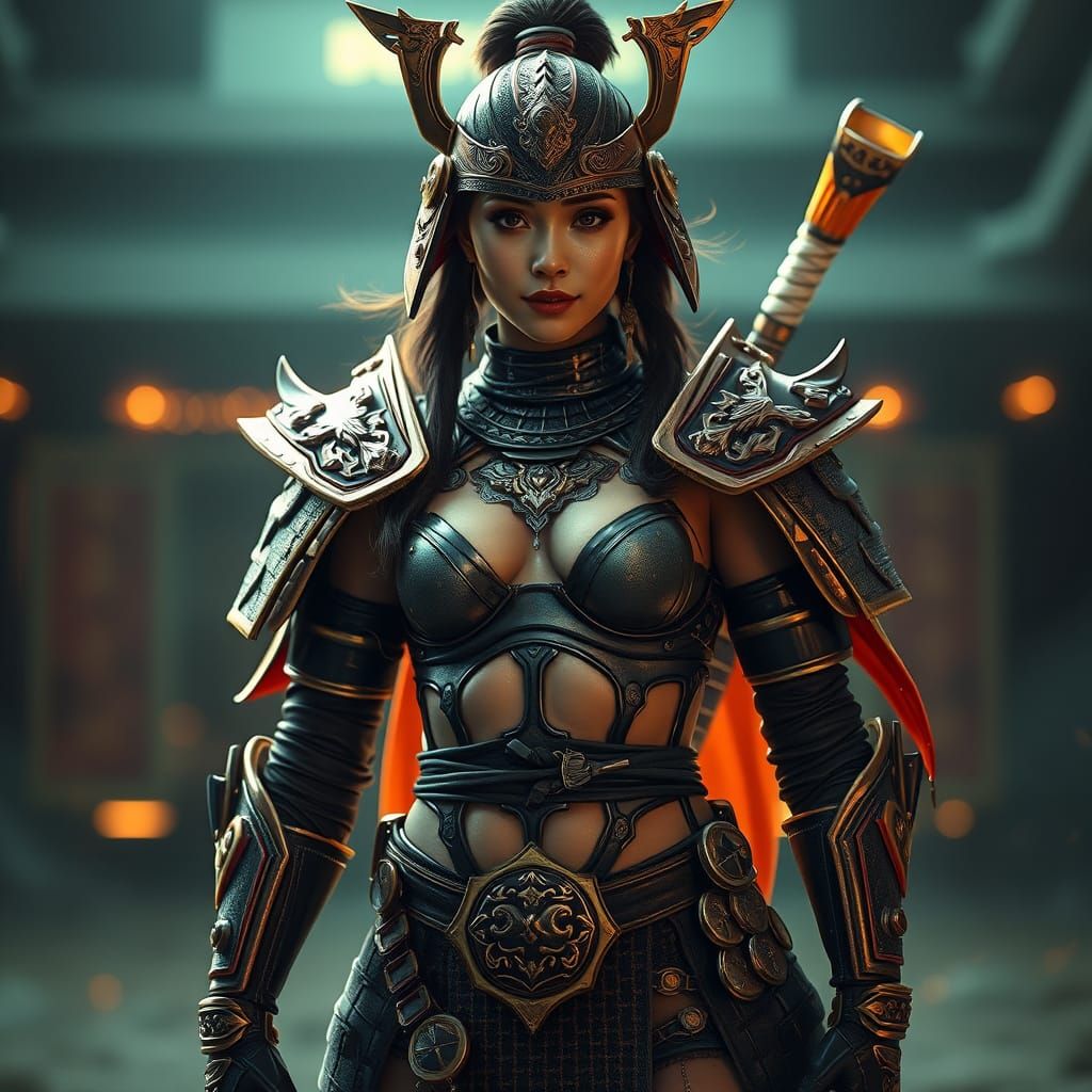 Futuristic Samurai with Cybernetic Enhancements in Film Noir...