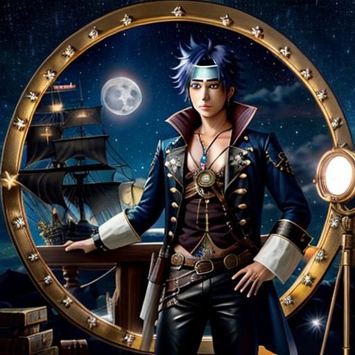 Steampunk Anime Pirate Under Starry Moonlit Sky
