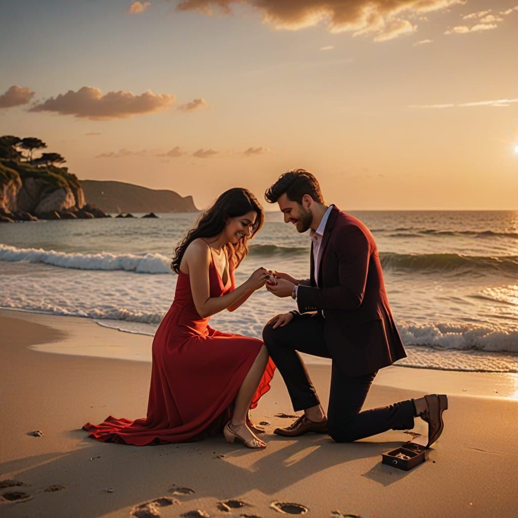 Romantic Beach Proposal at Sunset in Golden Light