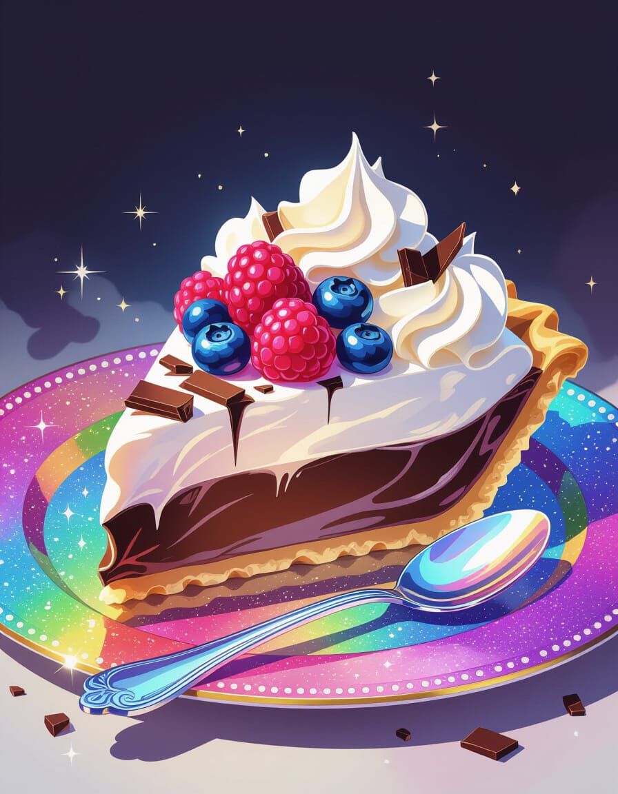 Whimsical Chocolate Berry Pie Slice on Rainbow Plate
