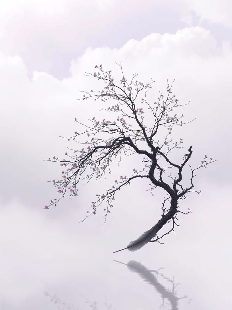 Delicate Tree in Mist: Romanticism Style Illustration