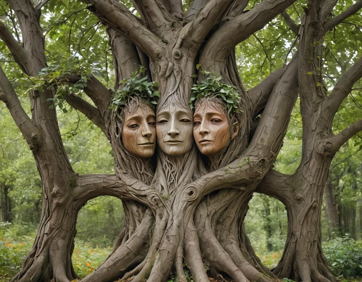 Enchanting Surrealism: Three Anthropomorphic Trees Embracing