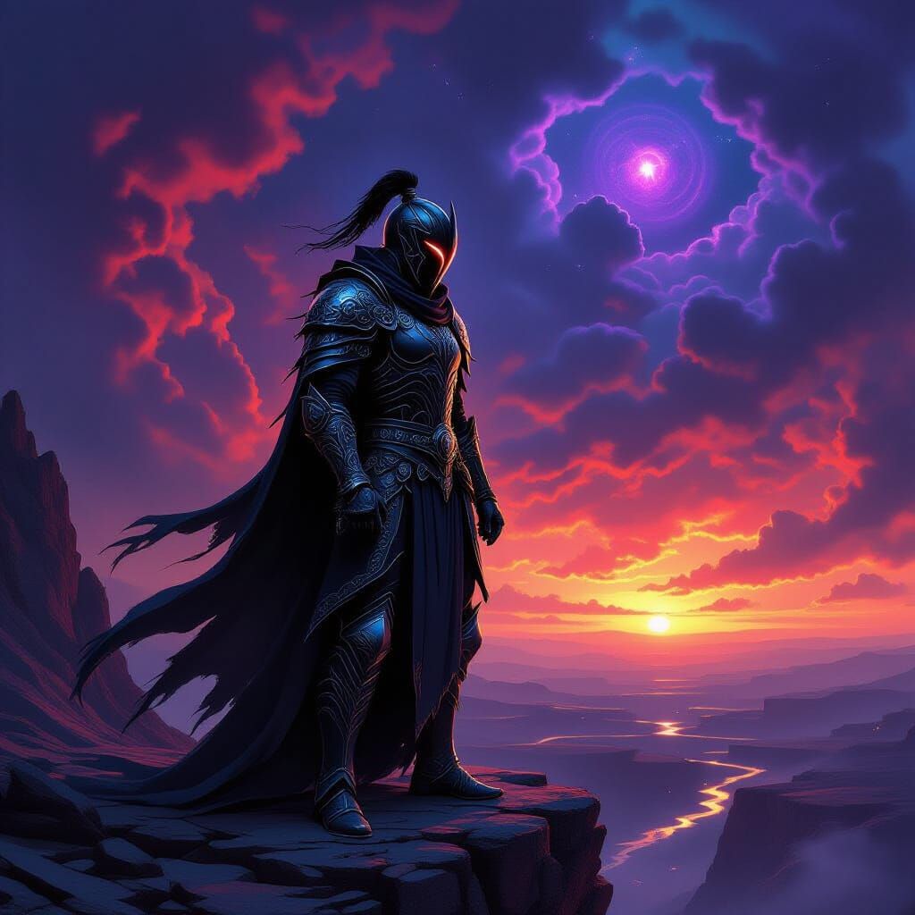 Warrior on Precipice Overlooking Volcanic Wasteland