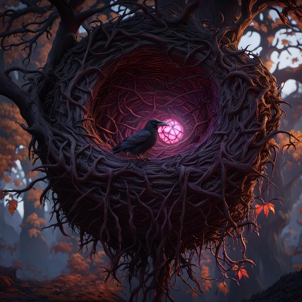 Gothic Raven Nest in Dark Red, Dark Fantasy Art