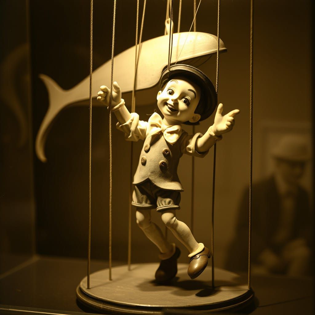 Vintage Marionette Pinocchio Sways Inside a Sepia Whale