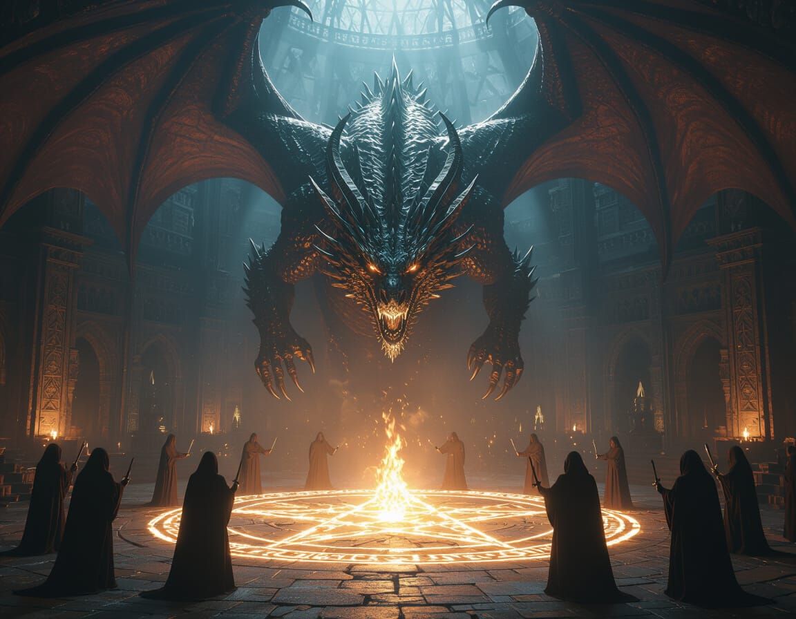 Massive Multi-Headed Dragon Over Ritual Pentagram