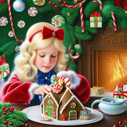 Girl Making Gingerbread House in Storybook Illustration