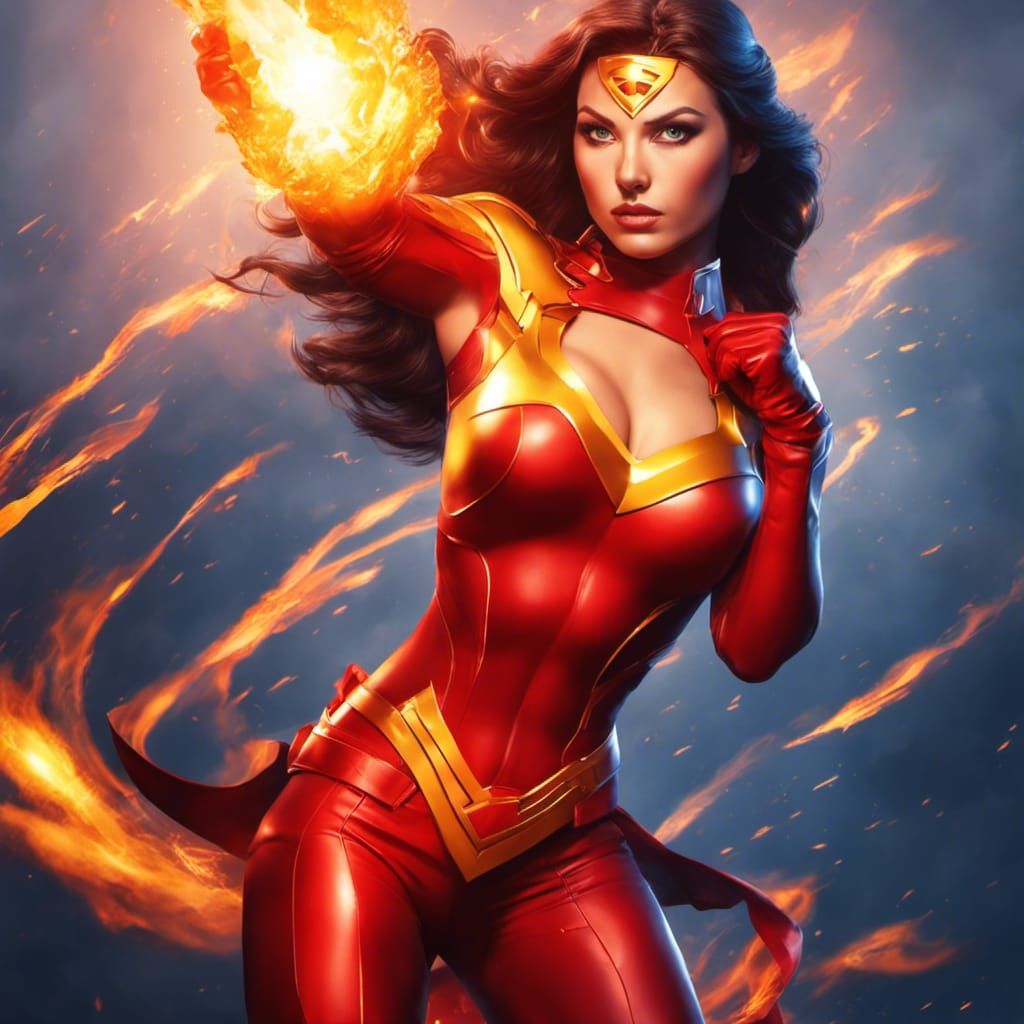 Fiery Superheroine in Dynamic Splash Art Style