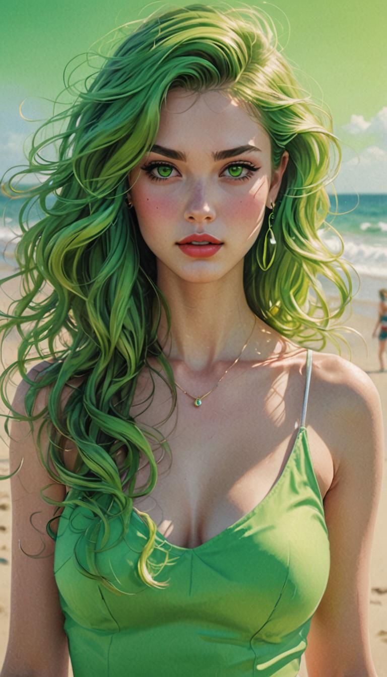 Anime Pin-Up Model on Beach in 3D Style