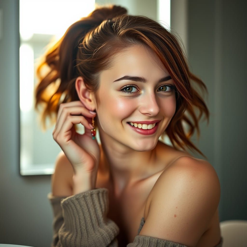 Irish Woman in Soft Light, Gemstone Earring, Golden Glow