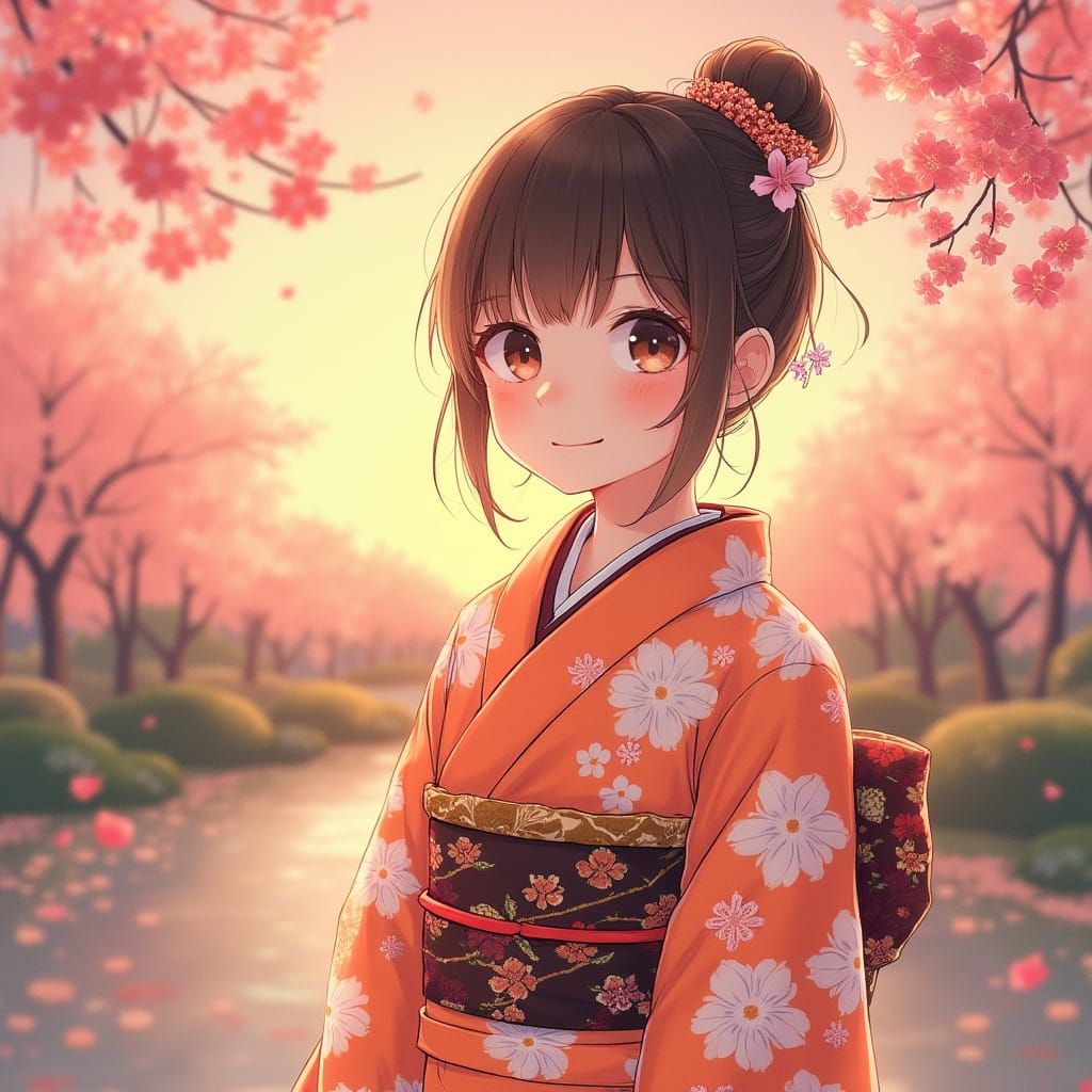 Japanese Girl in Whimsical Yukata Against Cherry Blossom Gar...