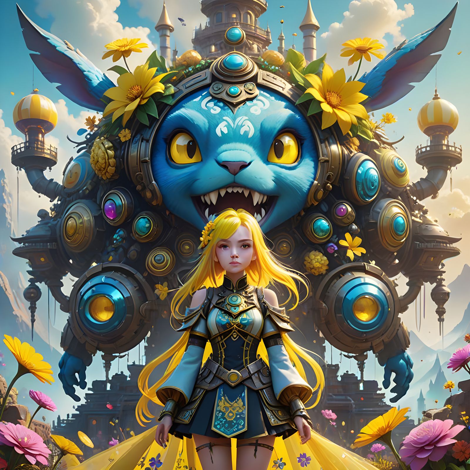 Surreal Yellow Goddess in Whimsical Pixel Art Style