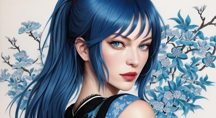 Milla jovovich, blue hair, blue eyes look straight, Ukiyo-e ...