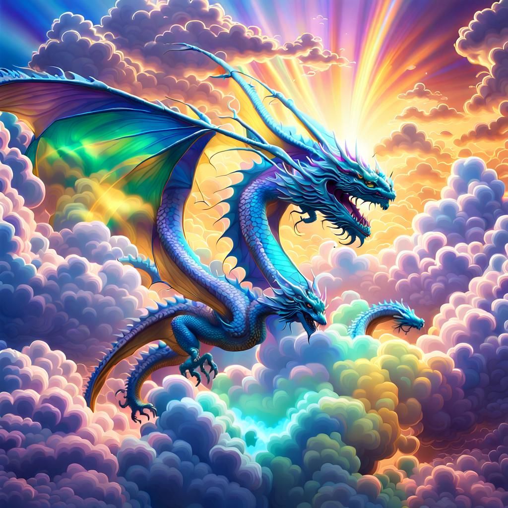 A holographic Chinese flying dragon bursting through the clouds detailed matte painting , sharp image,  liquid chrome fi...
