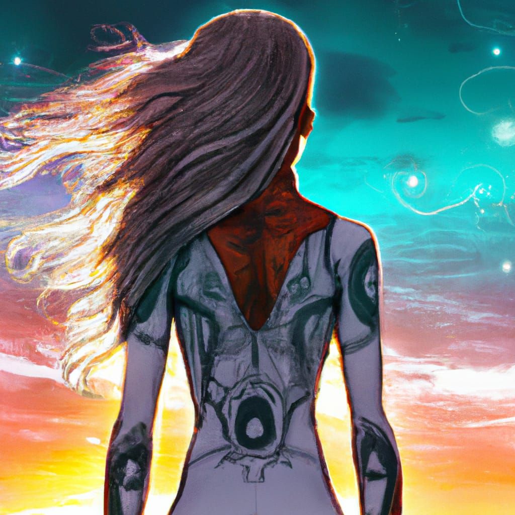 Woman Silhouetted Against Enchanting Holographic Sunset