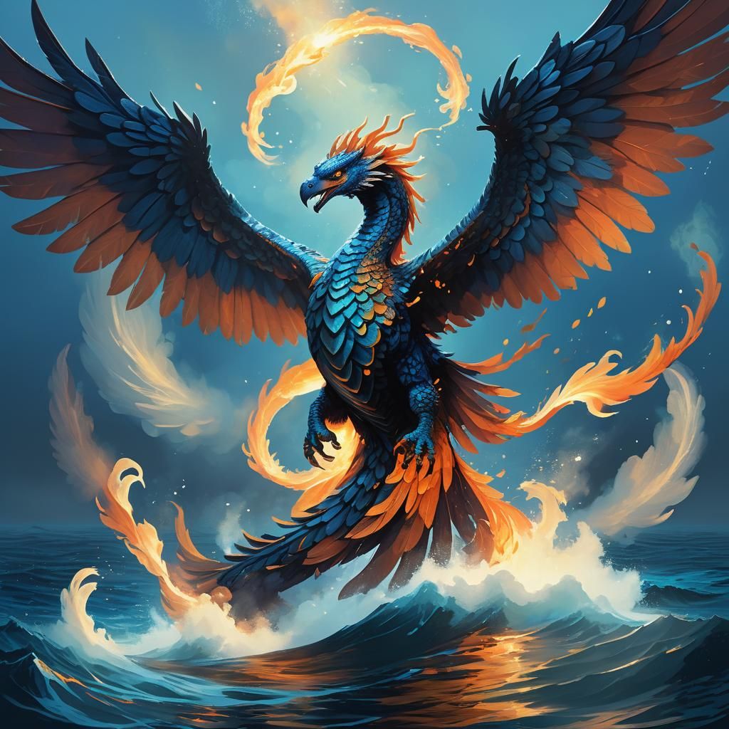 Pyroserpent Soaring Above Misty Waters: Fantasy Illustration