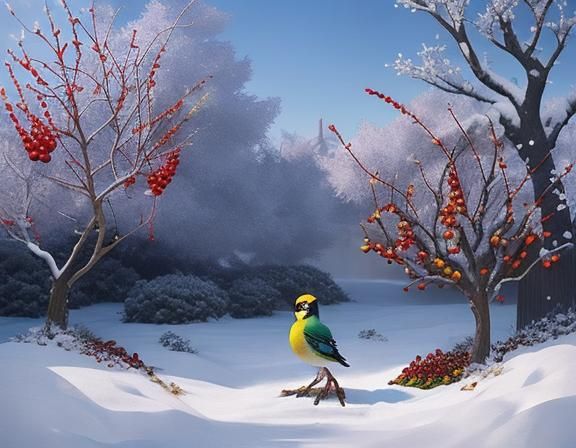 Bird on Snowy Ground with Red Berries in Anime Style