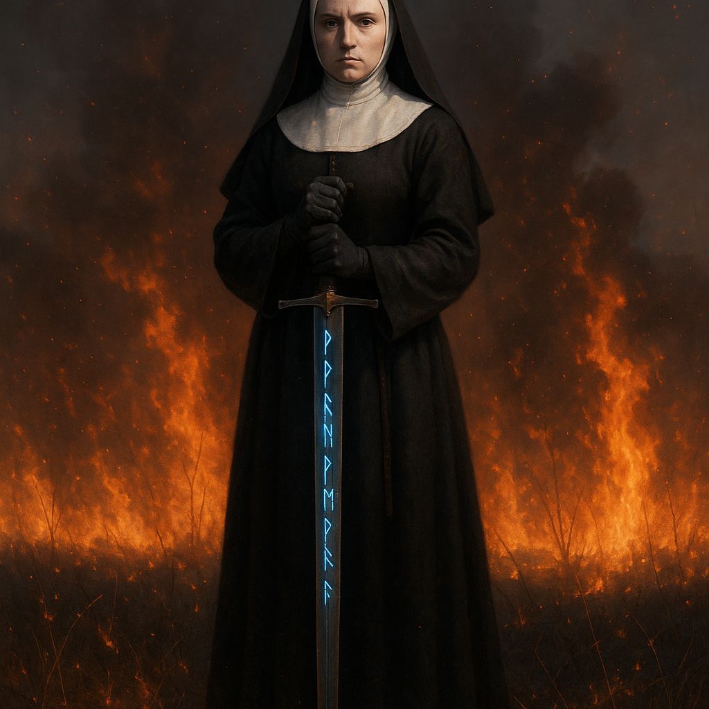 Nun Wields Glowing Rune-Inscribed Sword in Inferno