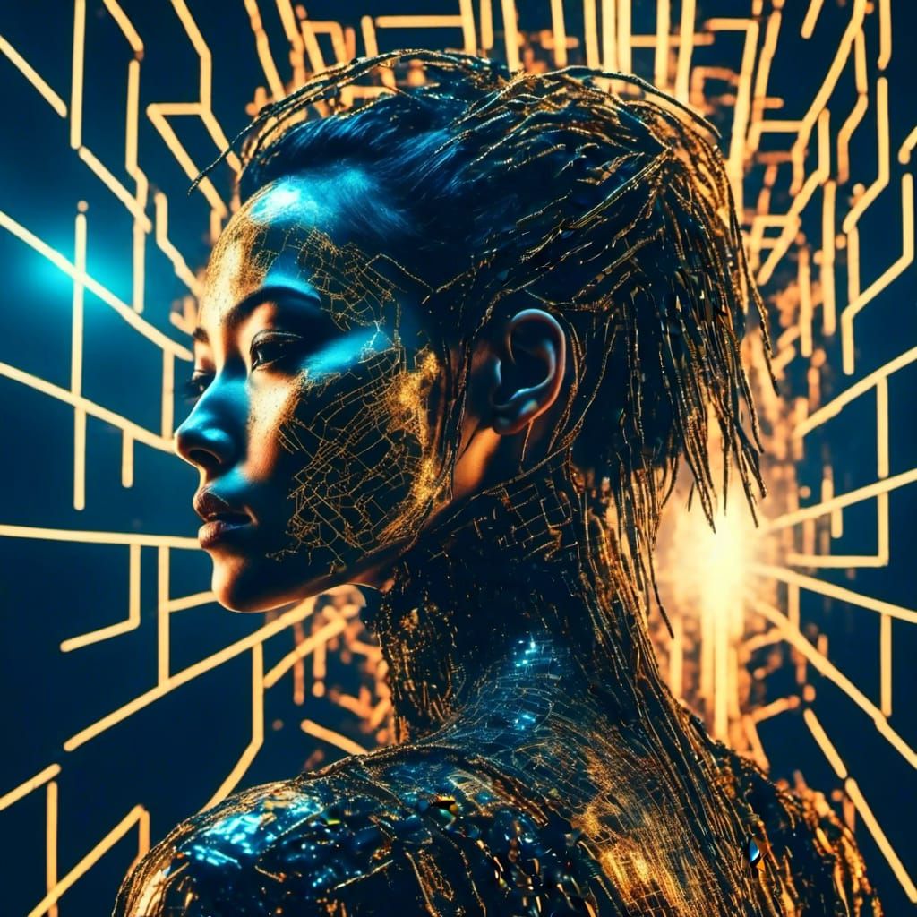 Double Exposure Portrait with Golden Cyberpunk Light