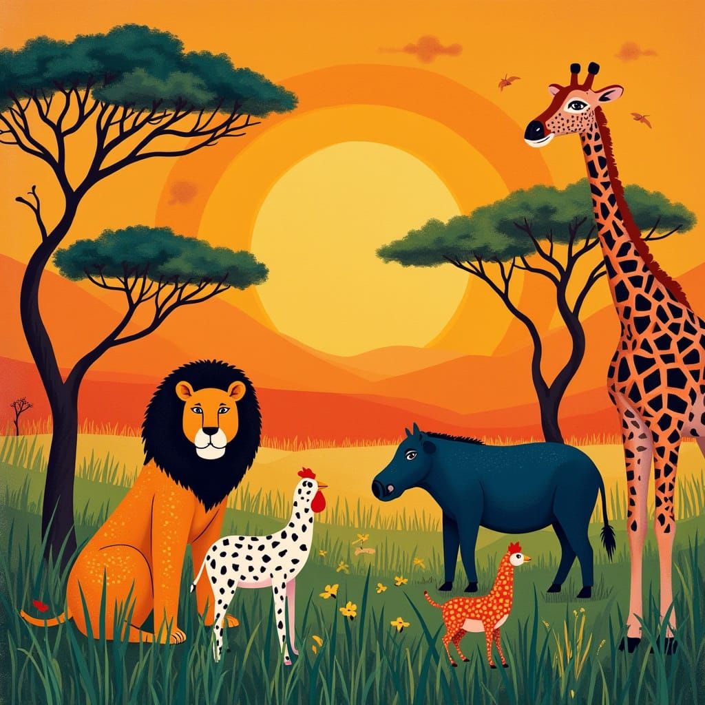 Savannah Animals in Geometric Style of Charley Harper