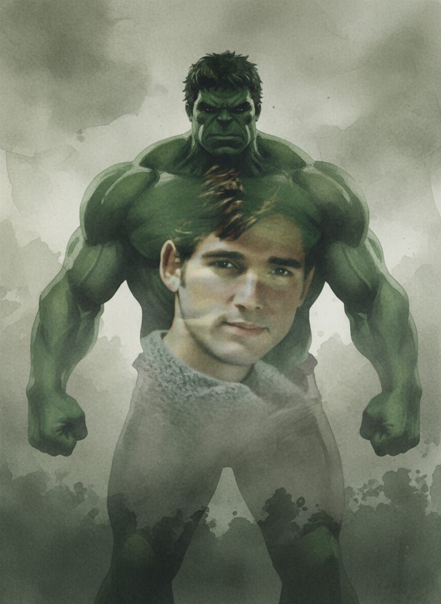 Apparitional Hulk Silhouette in Watercolor Double Exposure