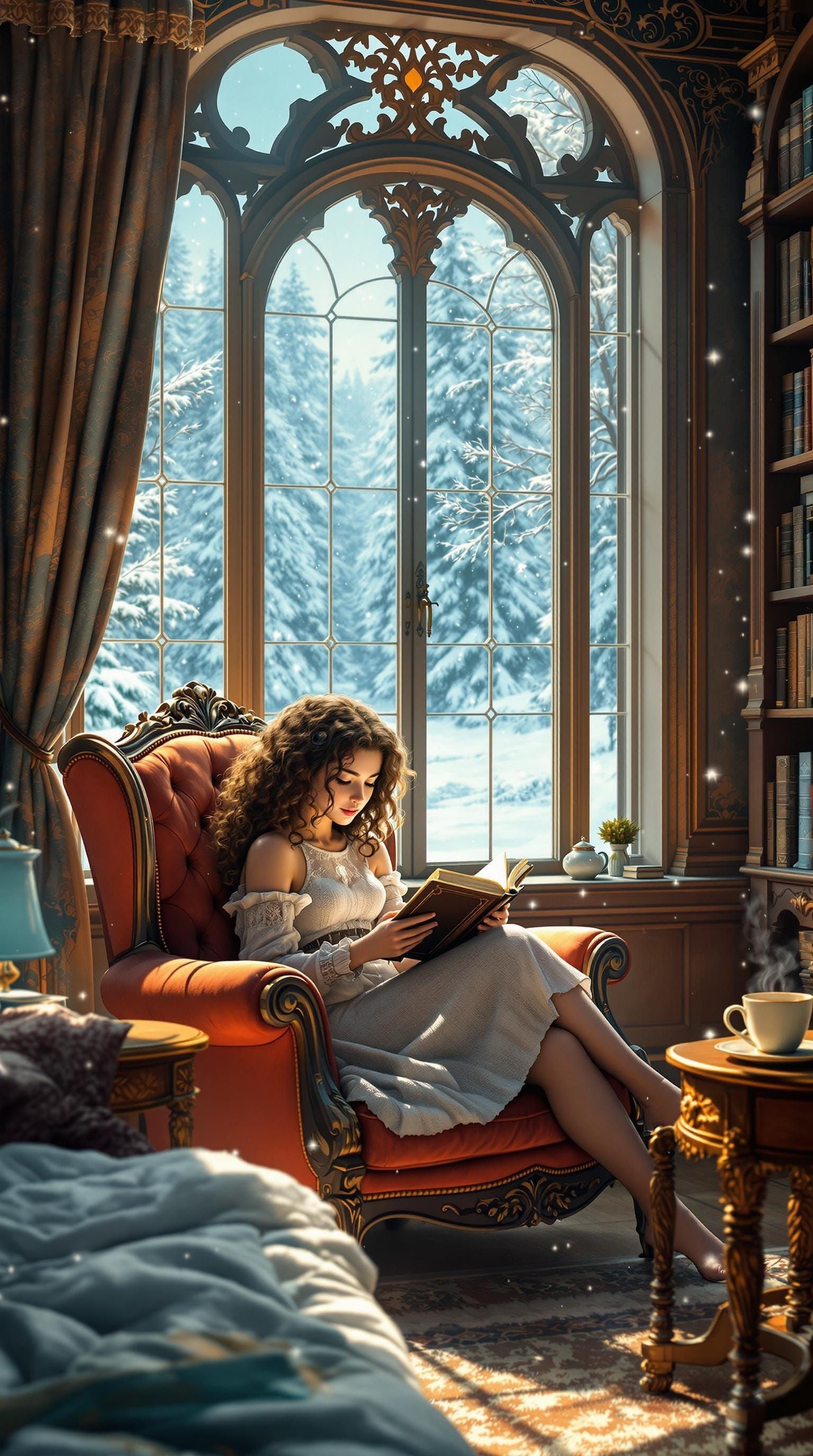 Girl in Elegant Winter Study with Vintage Furniture and Snow...