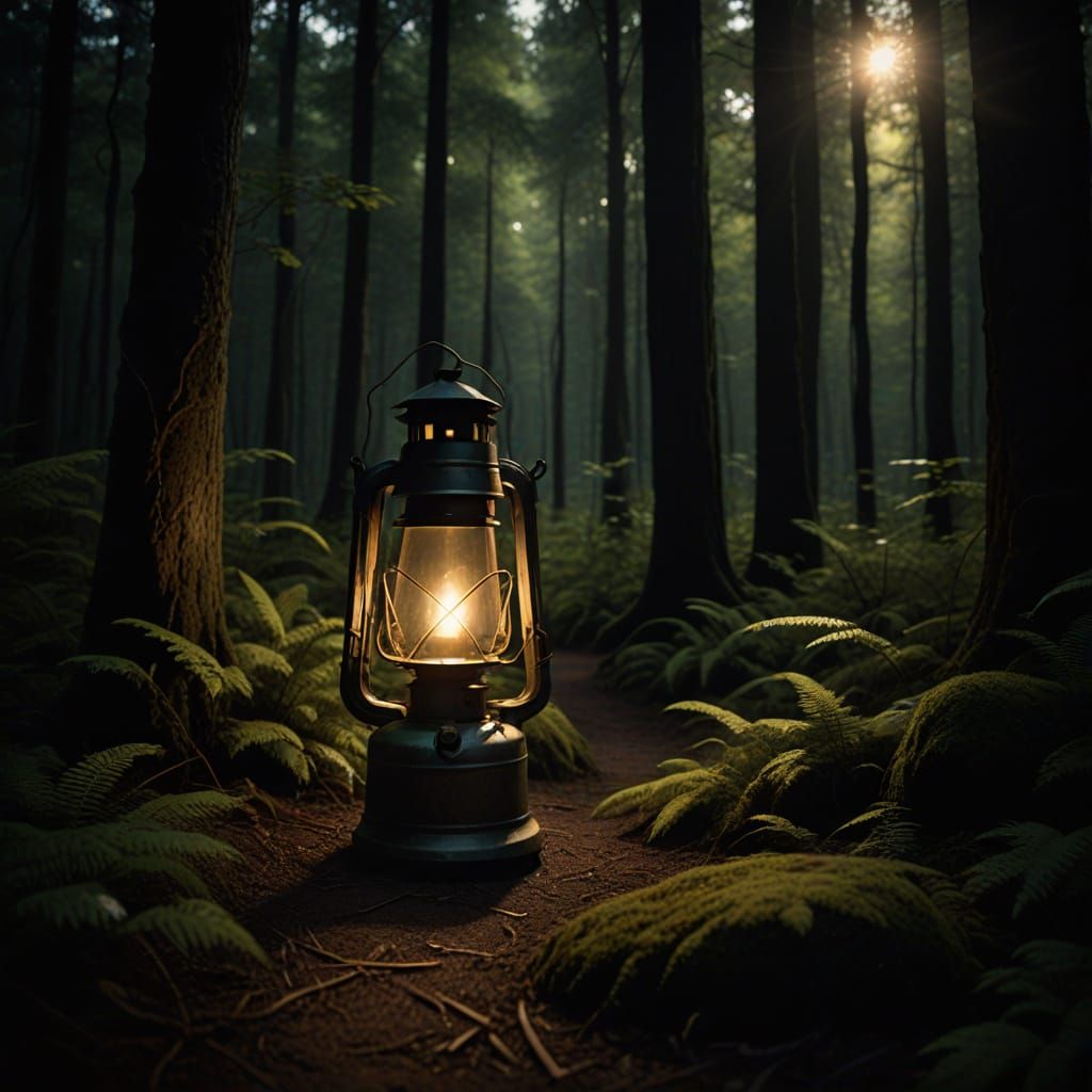 Glowing Lantern Illuminates Dark Forest Path