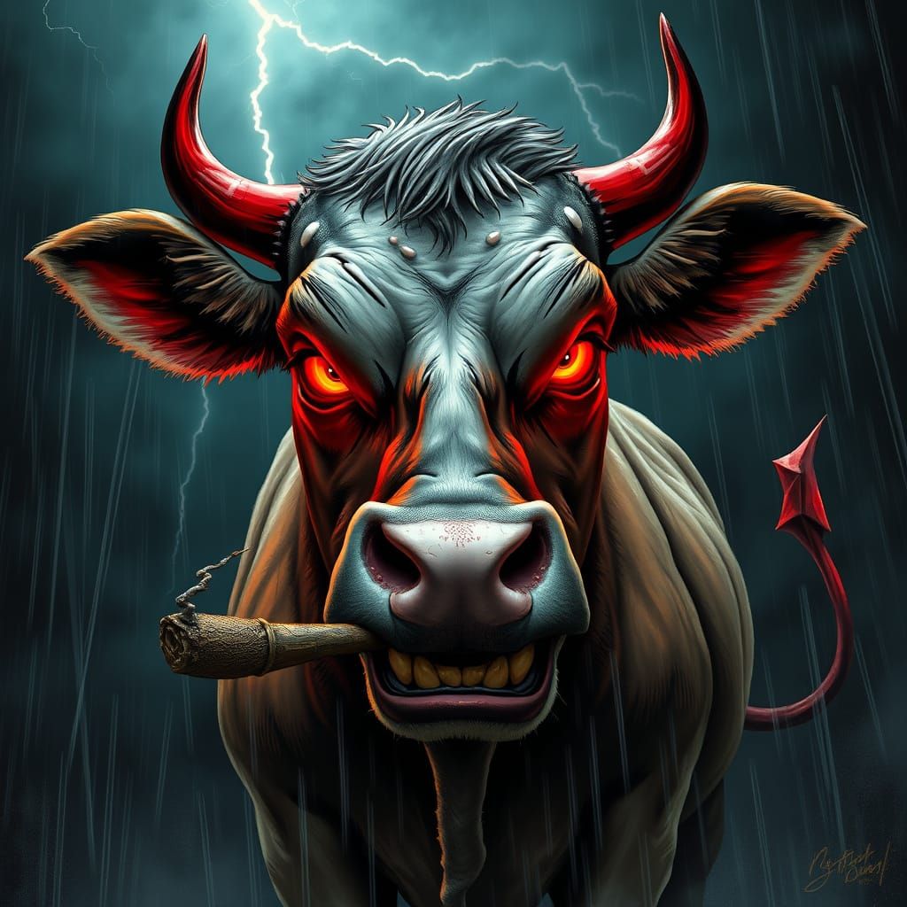 Menacing Cow with Devilish Grin in Hyper-Realistic Storm Sce...