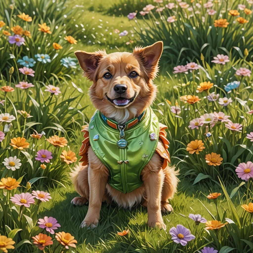 Cartoon Dog Mascot in Sunny Meadow, Pixar Style