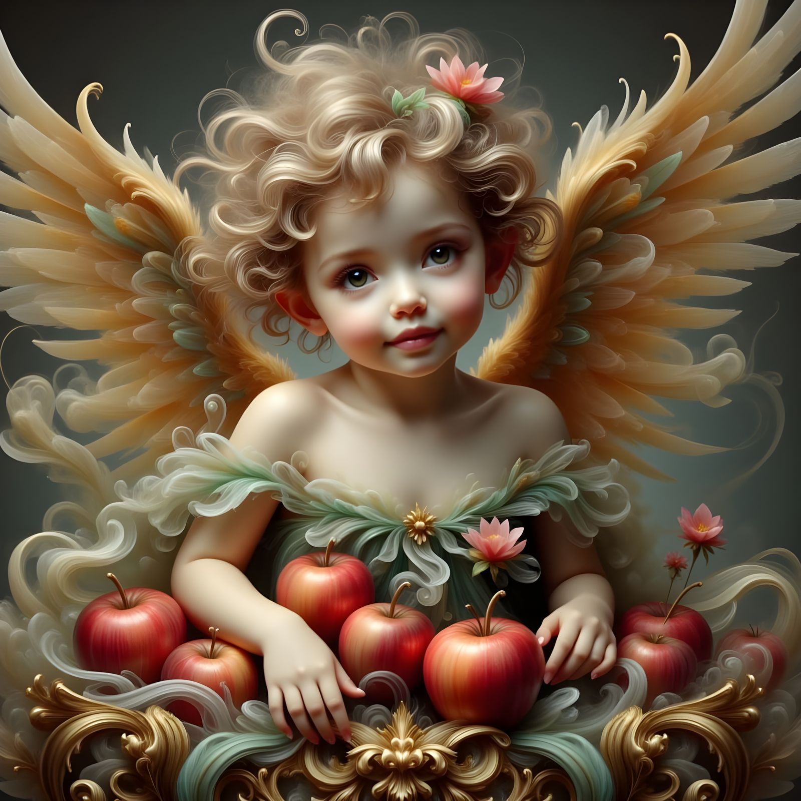 Cherub Guarding Apples in Golden Treasure Chest