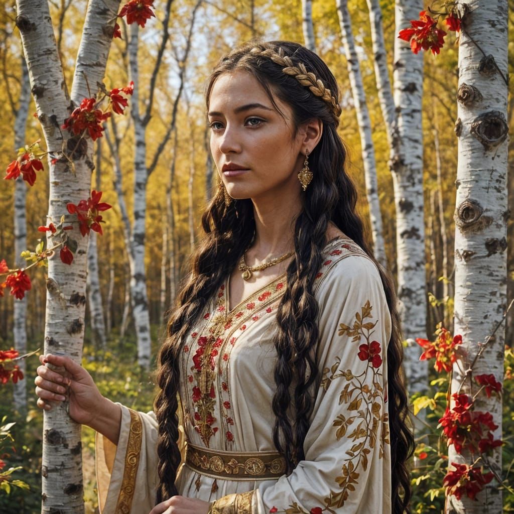 Girl with Braids in Birch Forest