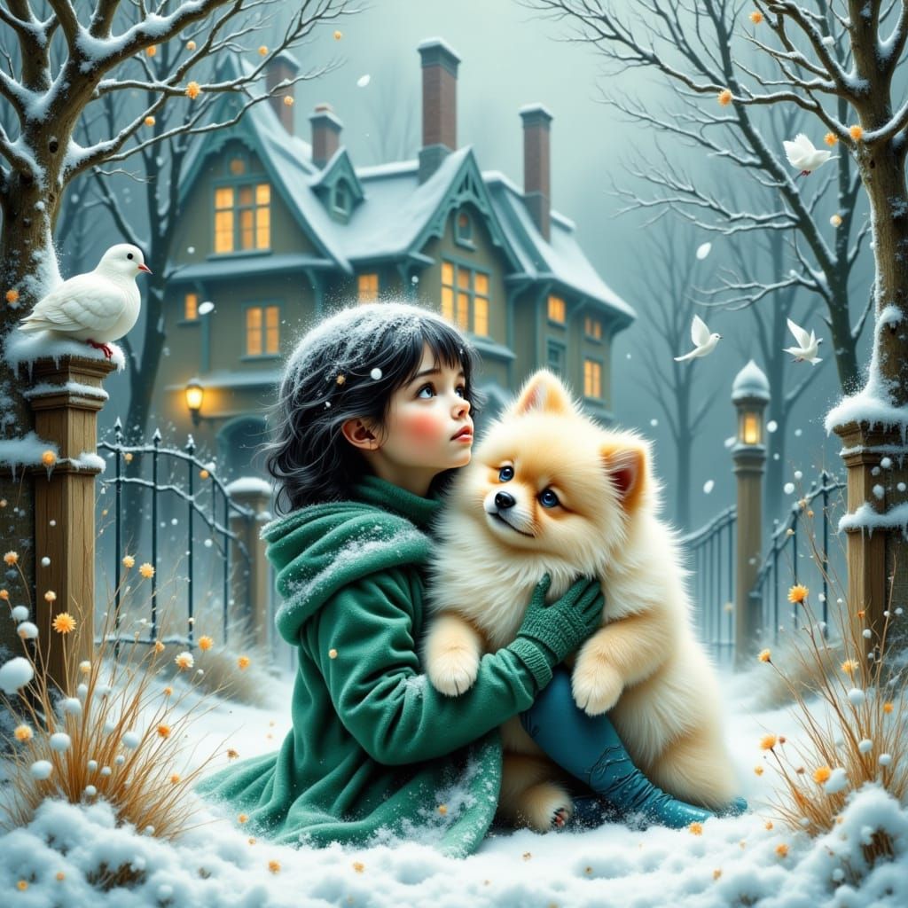 Cute Frost Girl in Snowy Garden Holding Pomeranian