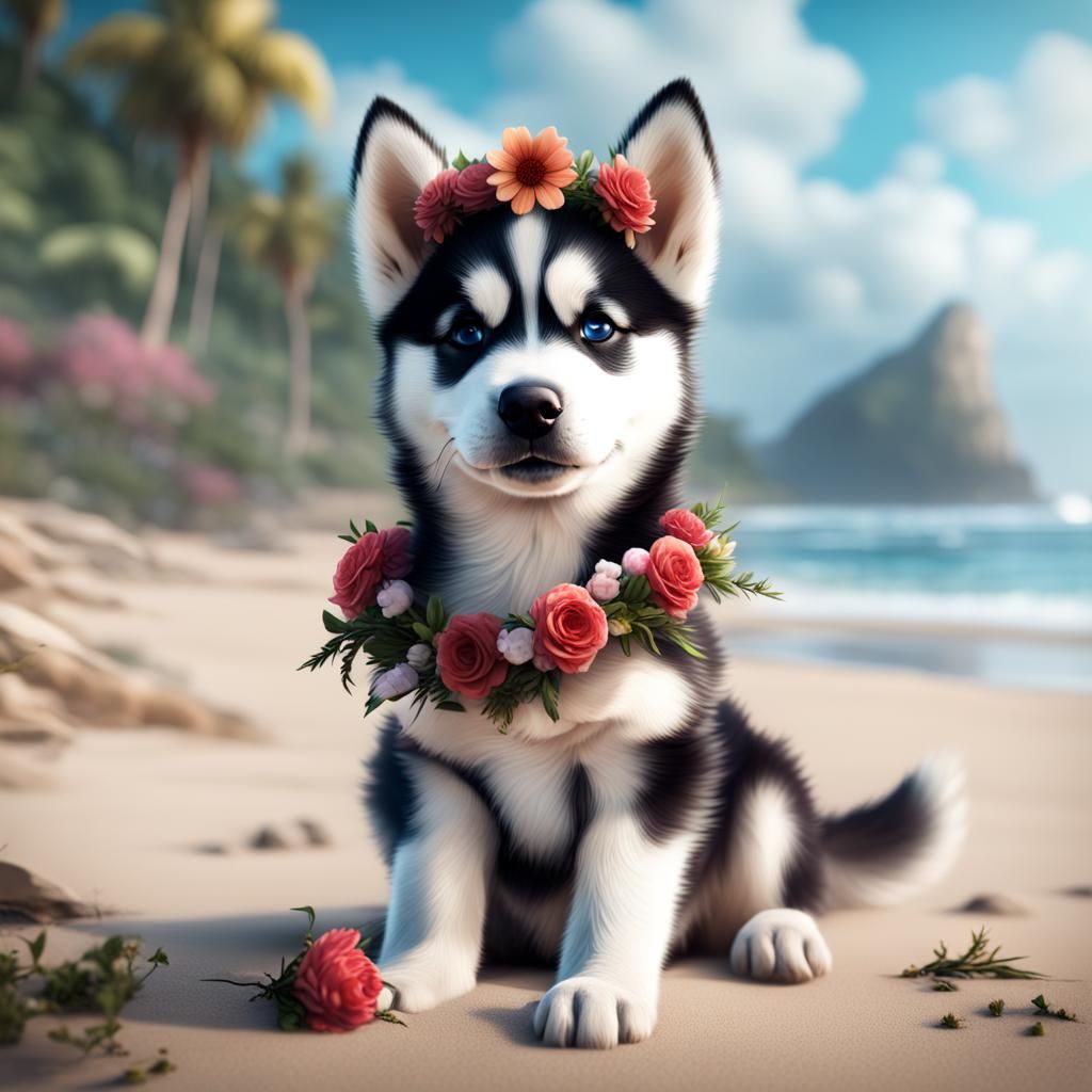 Husky Puppy with Flower Crown on Beach