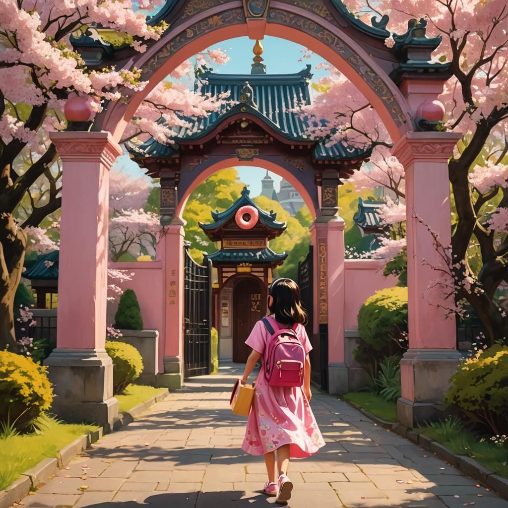 Girl with Donuts Walks to School in Painterly Style