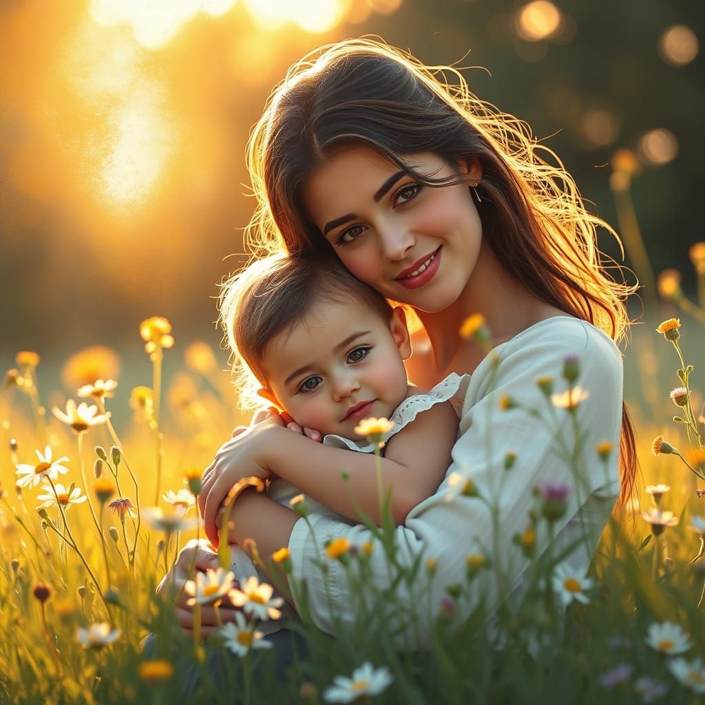 Mother and Child in Impressionist Meadow Scene