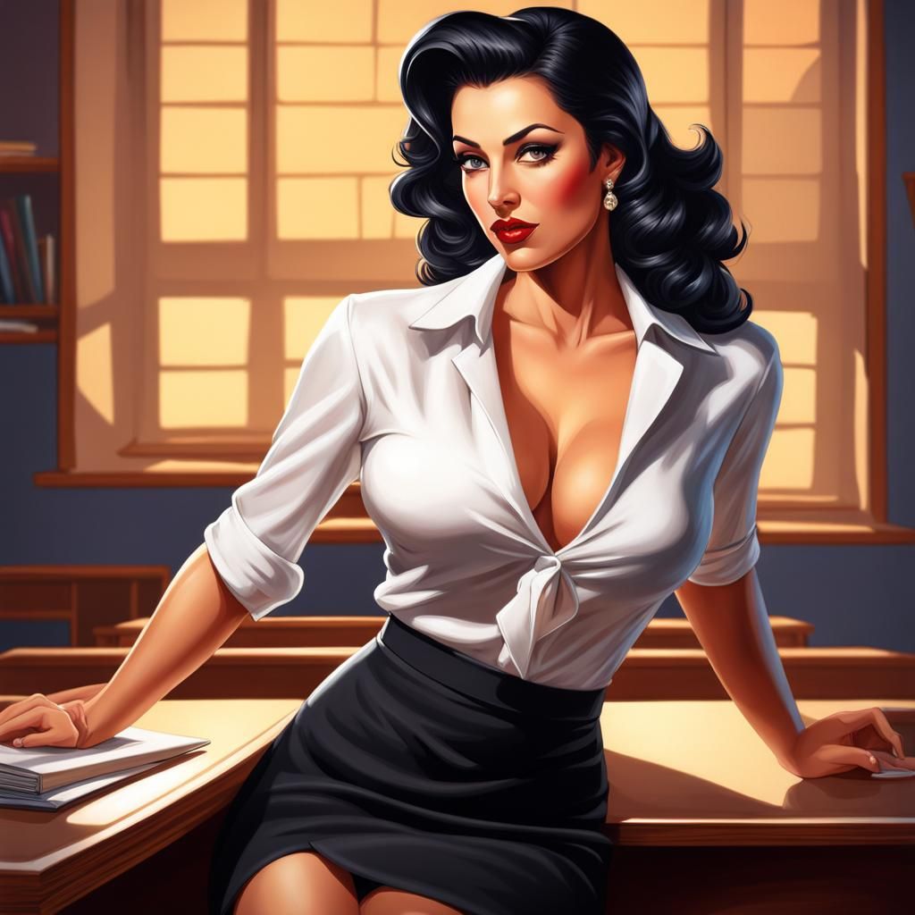 Pin-Up Style Teacher in Classroom: Hyperrealistic Art