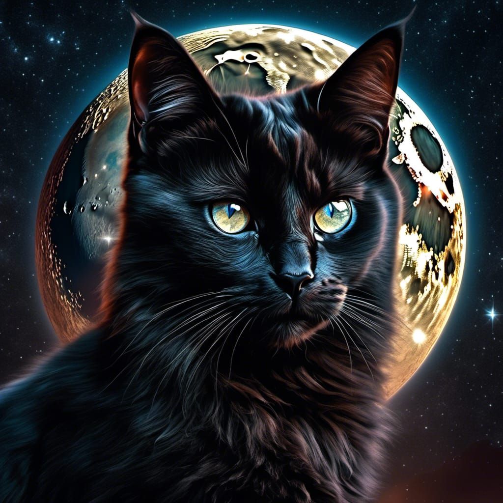 Moonlit Black Cat Portrait in Photorealistic Style