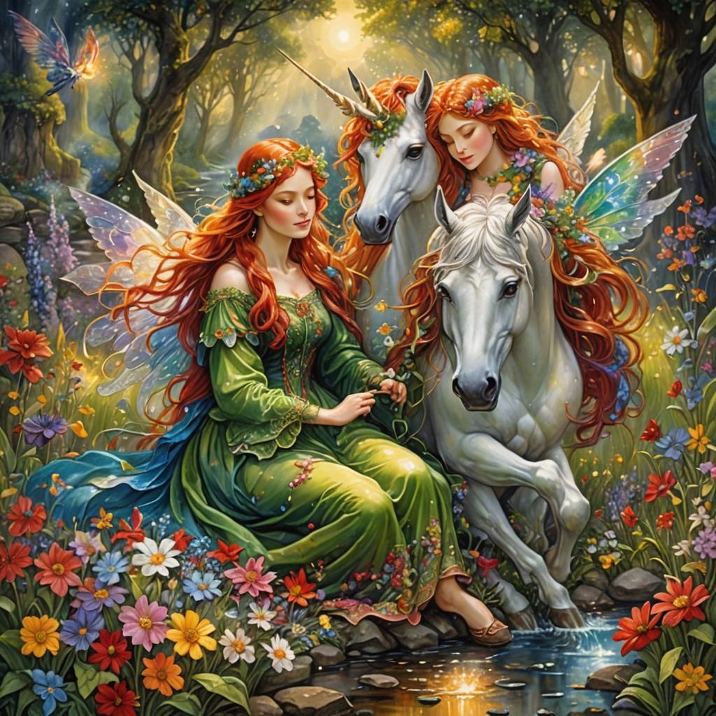 Fairies and Unicorns in Celestial Meadow