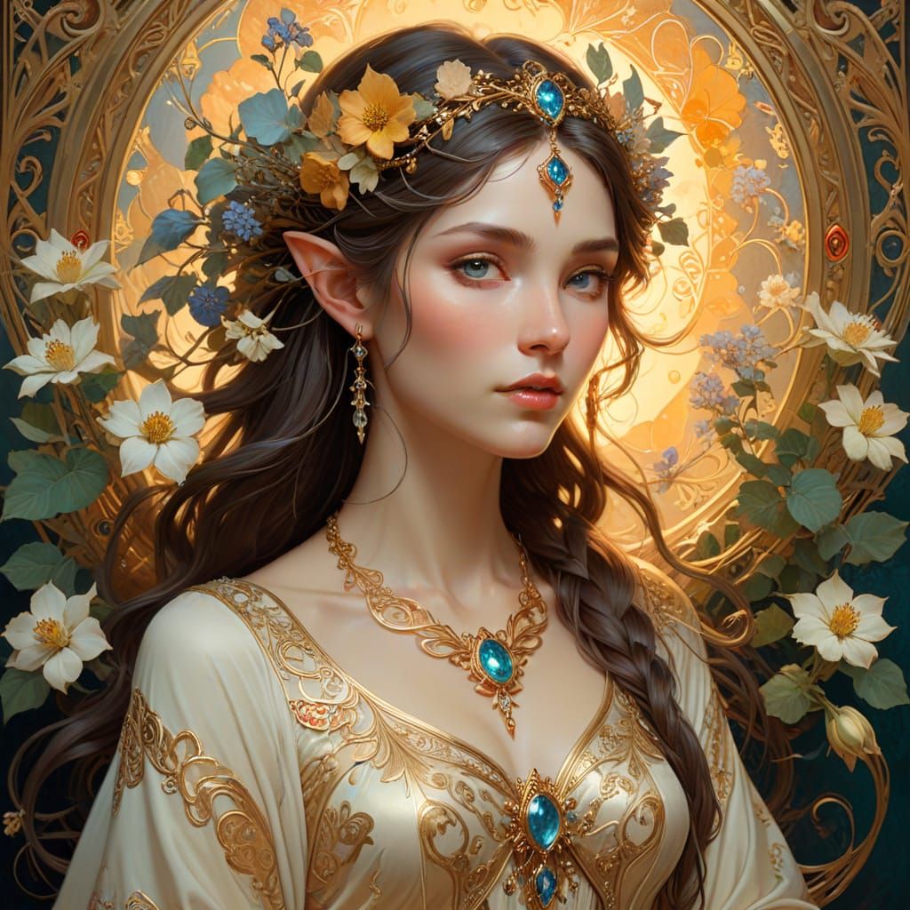 Ethereal Elven Sorceress Portrait in Art Nouveau Style