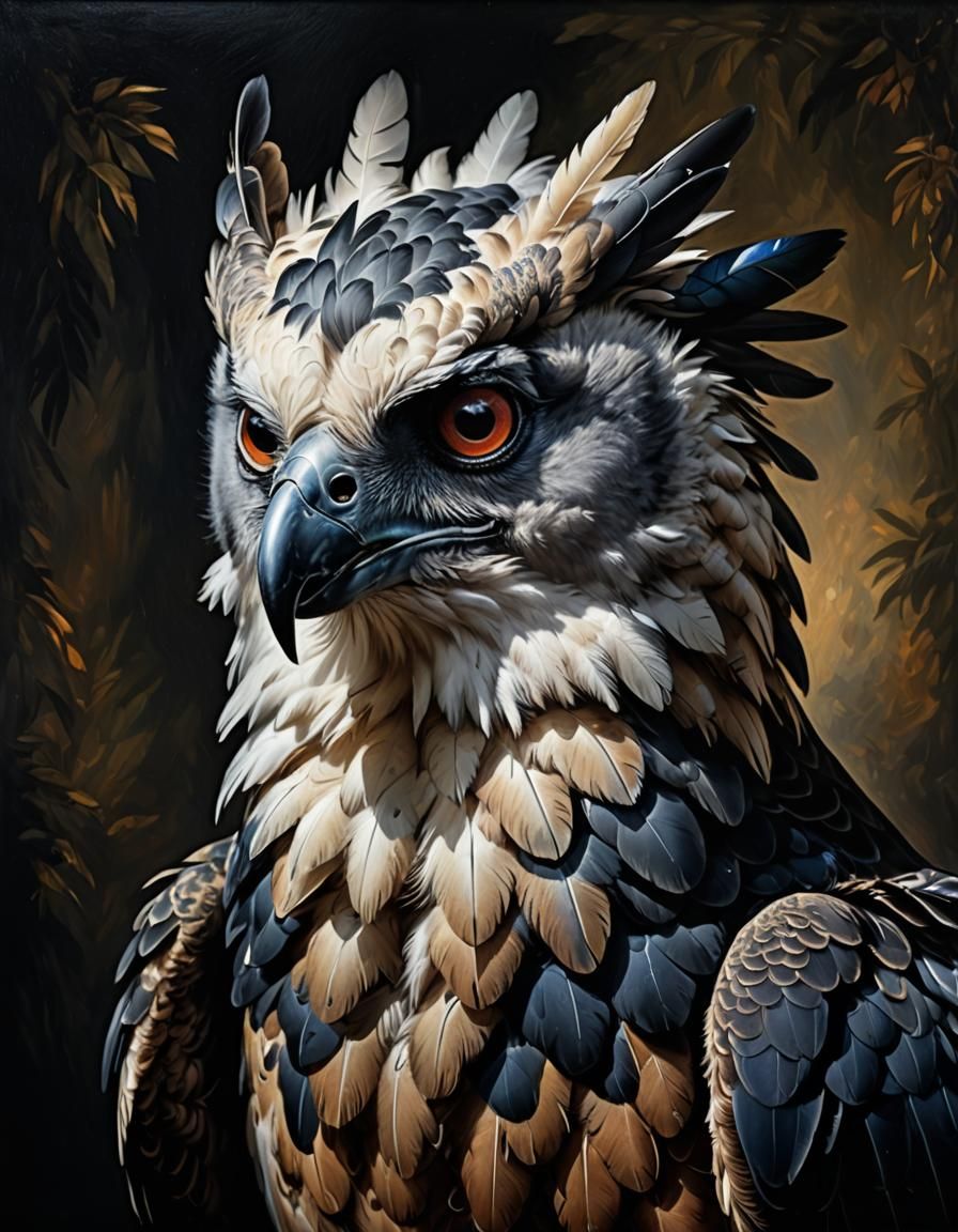 Majestic Harpy Eagle Portrait in Oil Painting Style